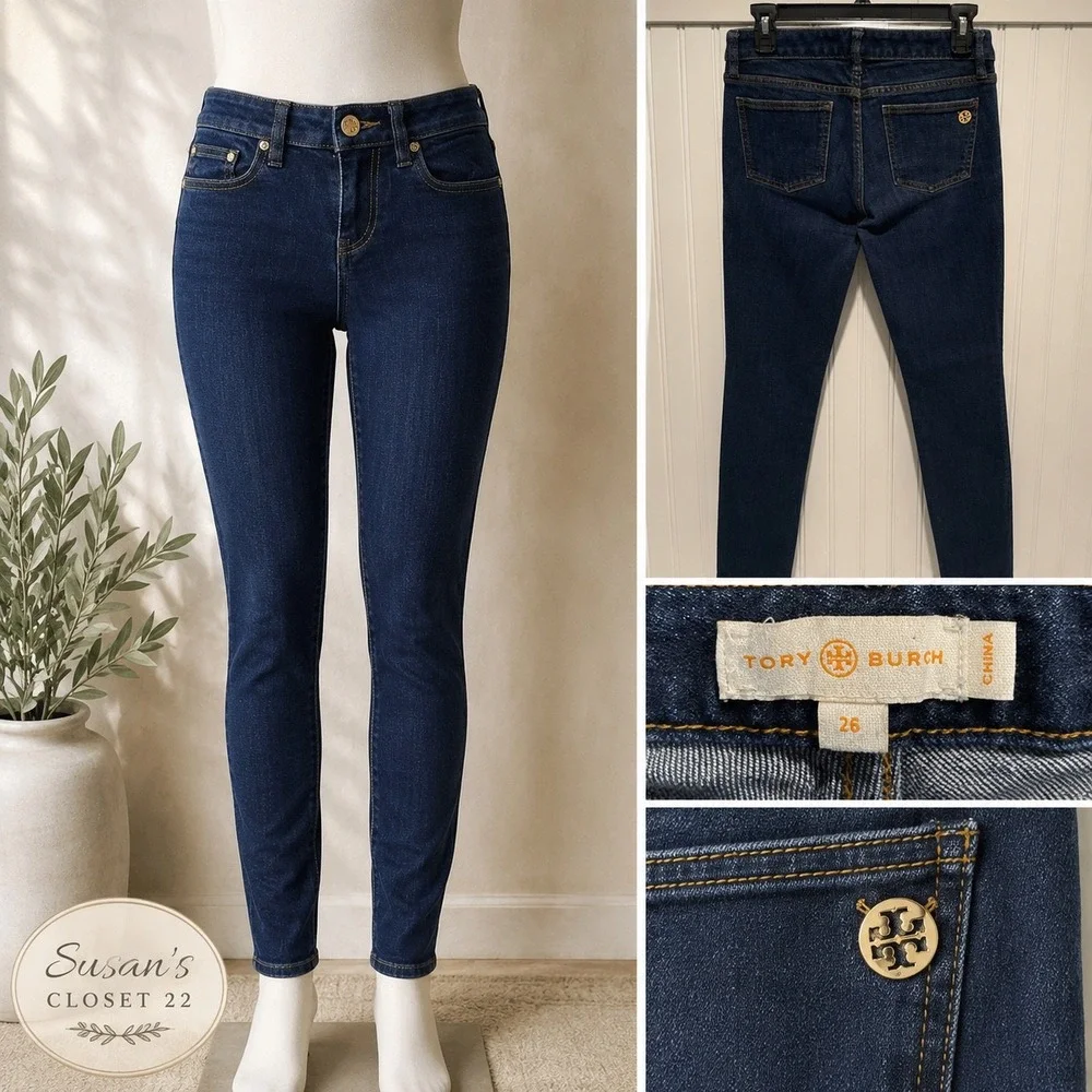 Tory Burch Super Skinny Jean Womens 26 Dark Wash Blue Gold Logo Hardware Denim